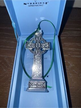 Silver Celtic Cross Ornament with Green Ribbon
